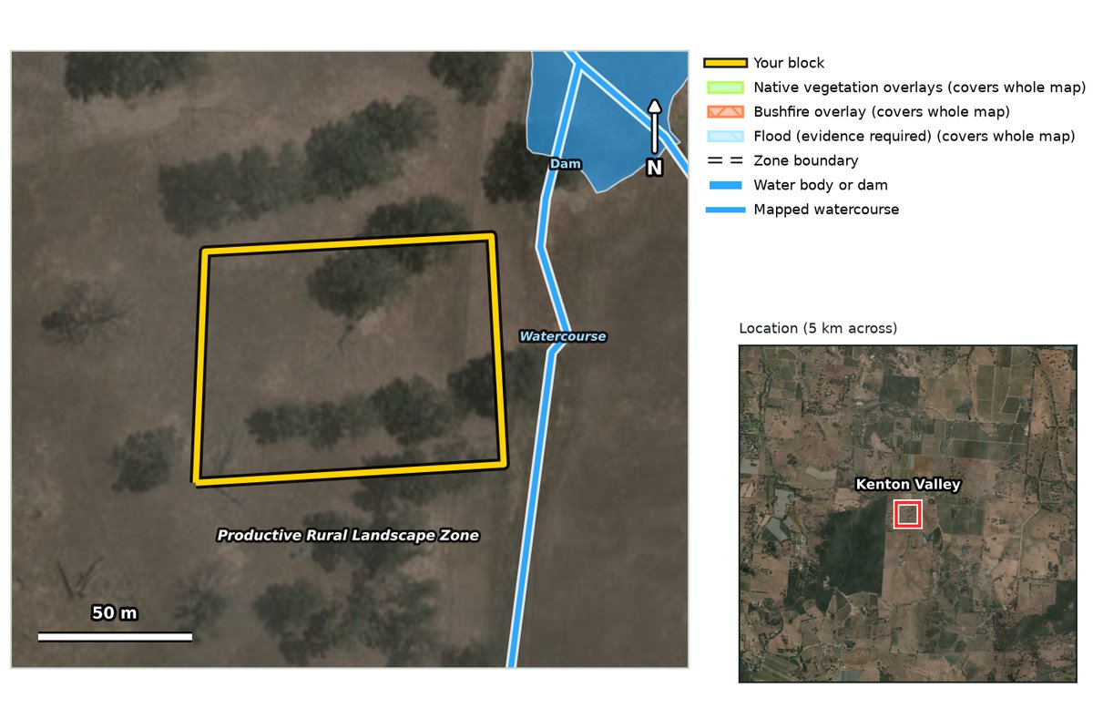 Sample report map: the block outlined in yellow, with a watercourse and dam to the east and the zone name below
