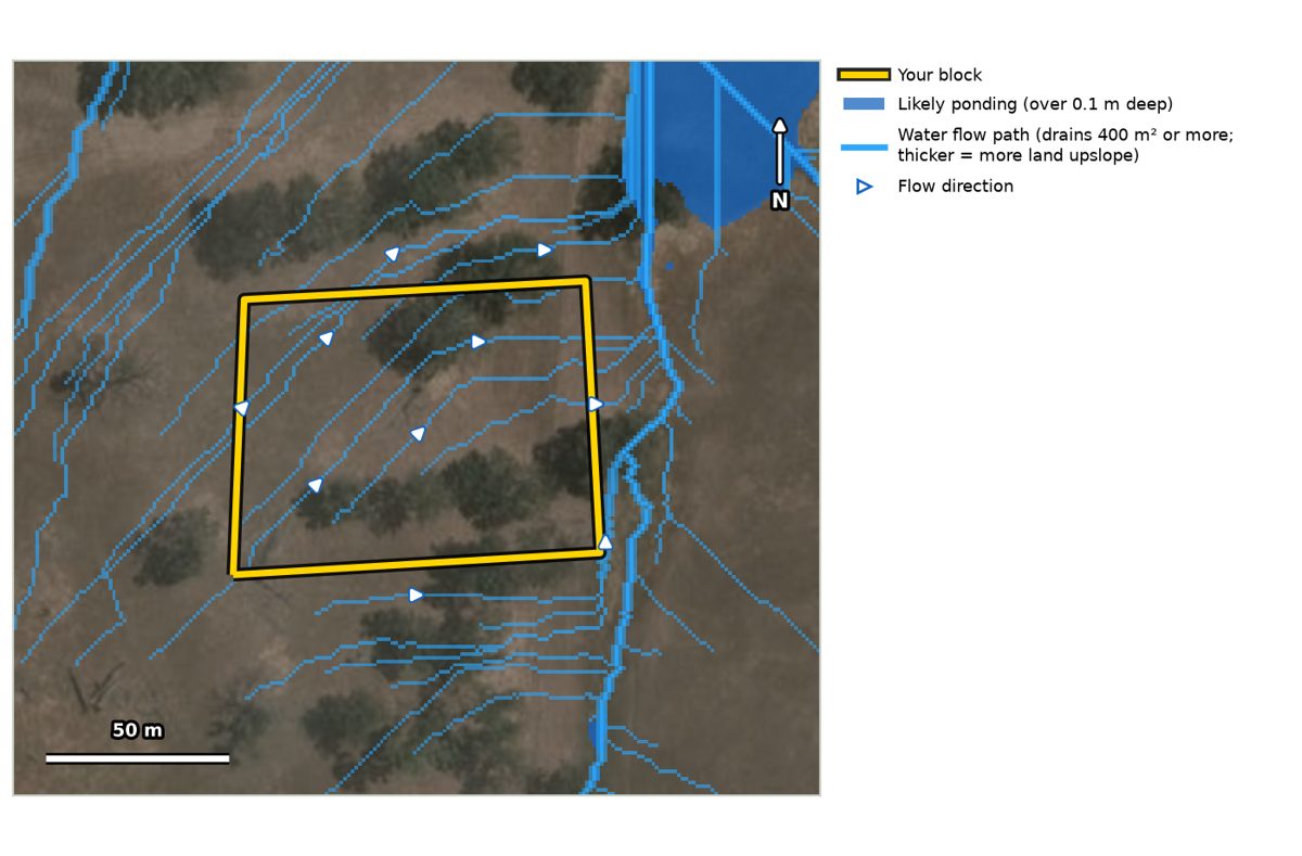 Sample water flow map showing where water runs across the block