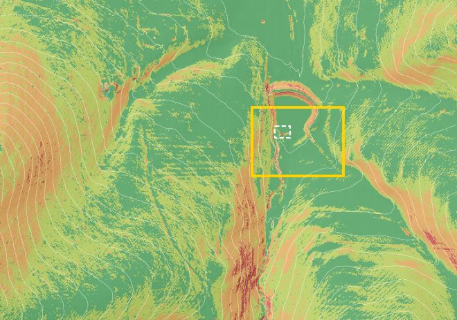 Slope across an example block shaded from flat (green) to steep (red), with the block outlined and a dashed house pad on the flattest ground.